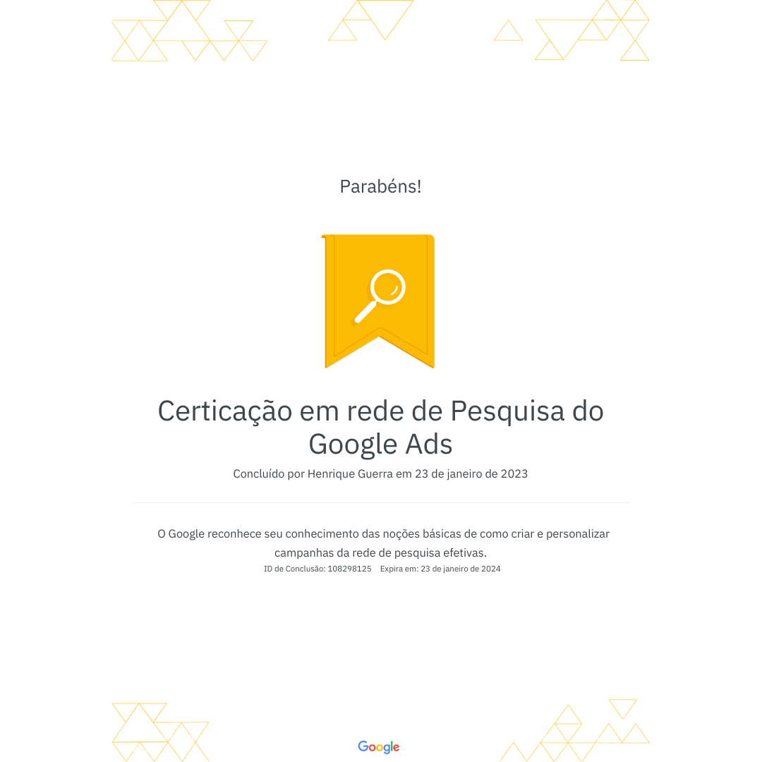 Certicação em rede de Pesquisa do Google Ads Concluído por Henrique Guerra em 23 de janeiro de 2023 (1) (1)